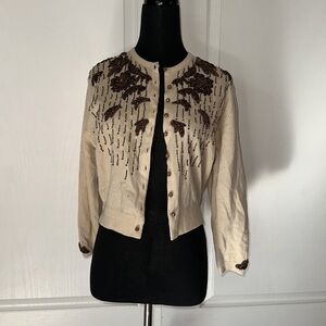 VINTAGE CREAM BROWN BEADED DETAIL CASHMERE CARDIGAN SWEATER